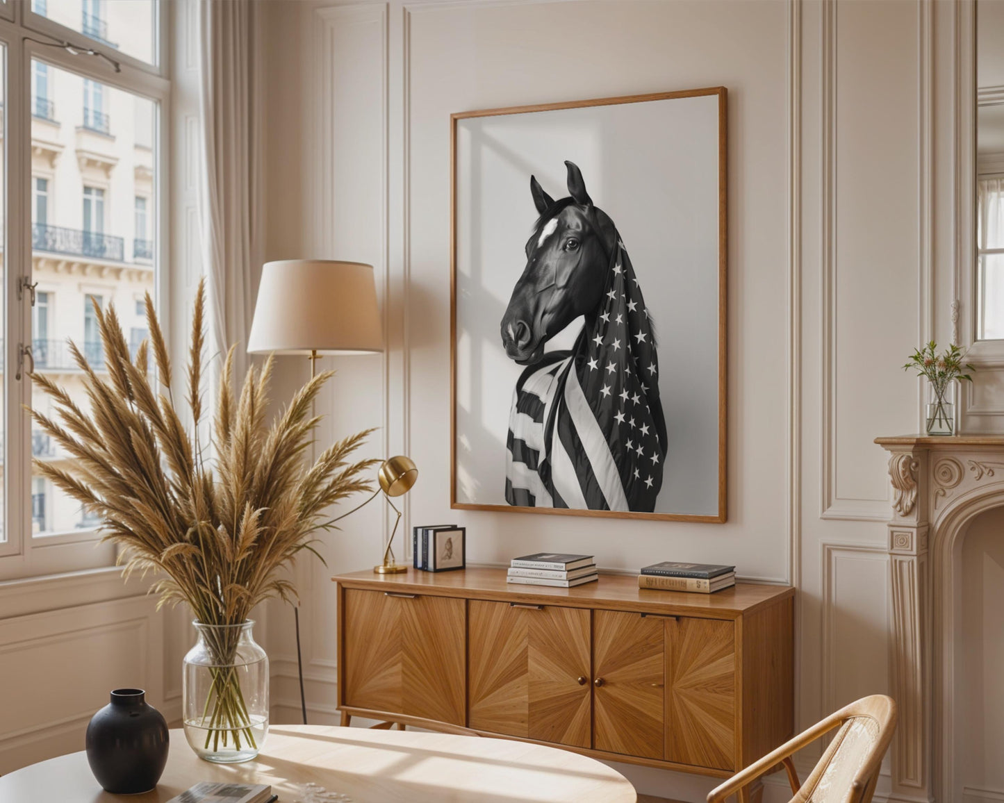 Black White Horse American Flag Canvas Wall Art