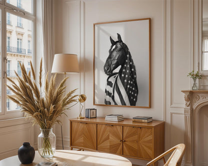 Black White Horse American Flag Canvas Wall Art