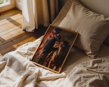 Rustic Cowboy Horse American Flag Canvas Wall Art