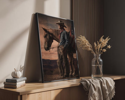 Desert Cowboy Horse American Flag Canvas Wall Art