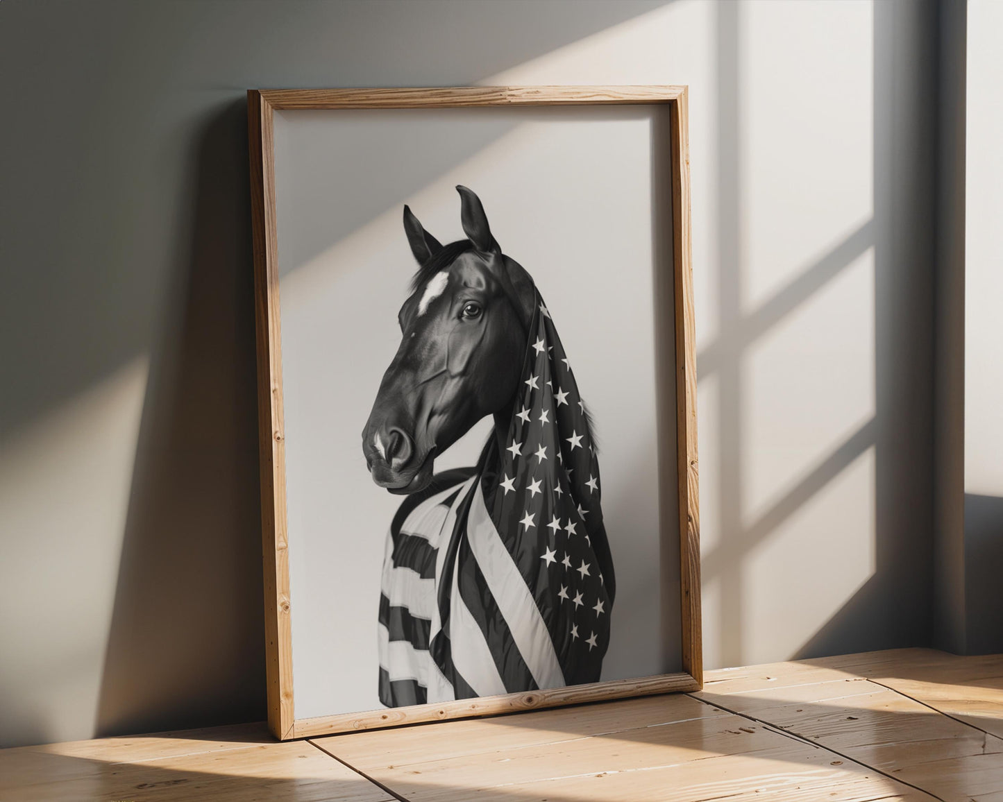 Black White Horse American Flag Canvas Wall Art