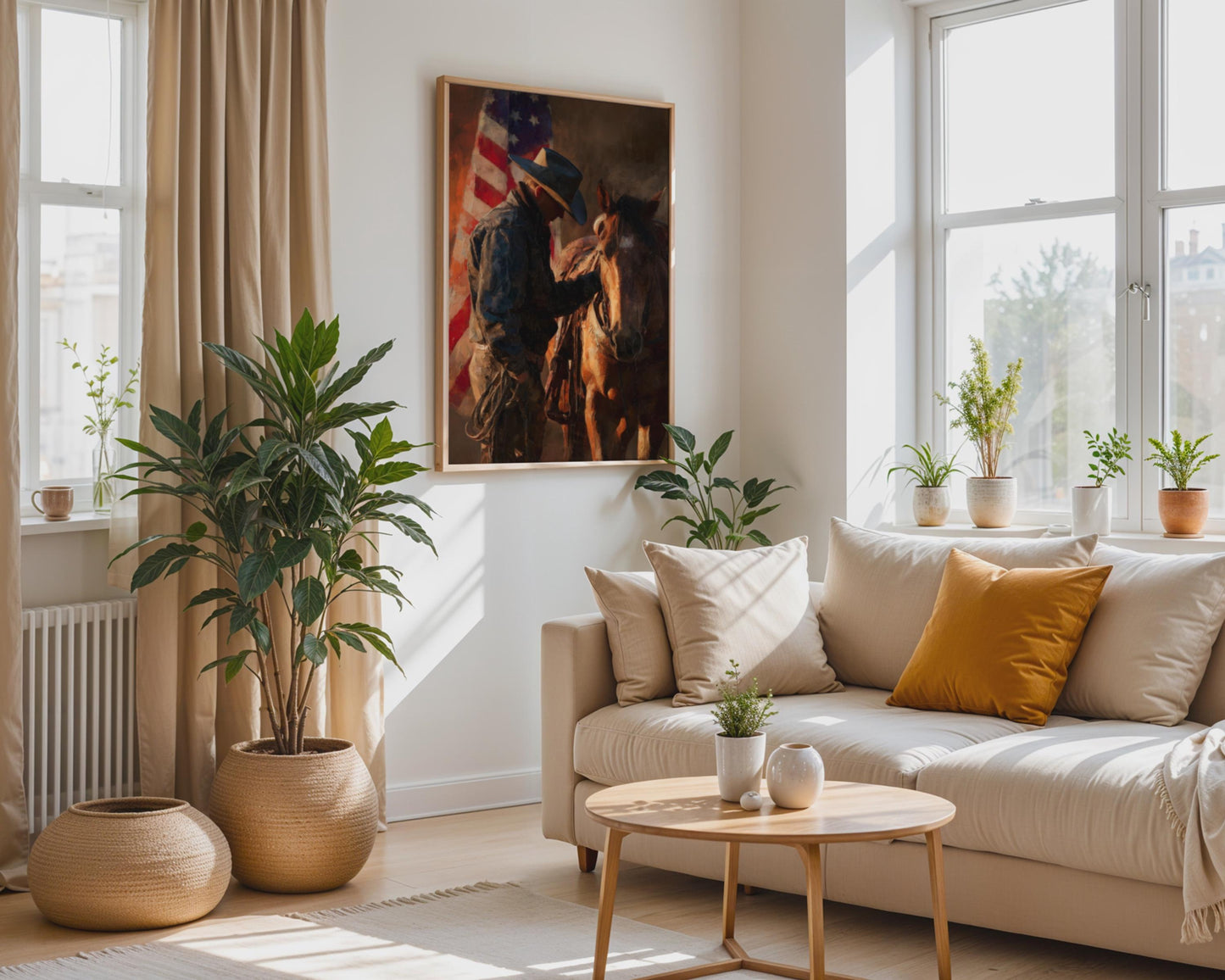 Rustic Cowboy Horse American Flag Canvas Wall Art