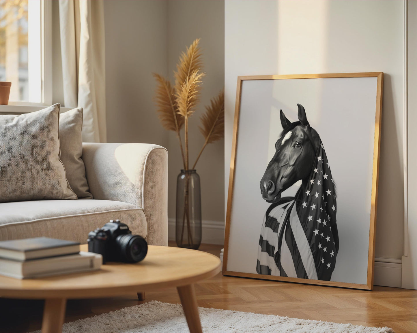 Black White Horse American Flag Canvas Wall Art