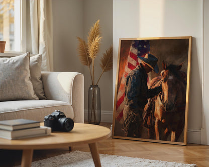 Rustic Cowboy Horse American Flag Canvas Wall Art