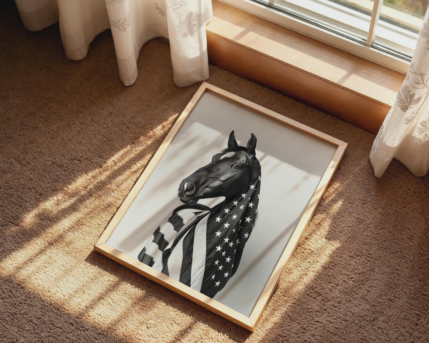 Black White Horse American Flag Canvas Wall Art