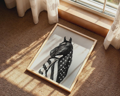 Black White Horse American Flag Canvas Wall Art