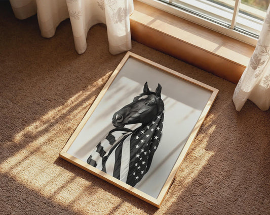 Black White Horse American Flag Canvas Wall Art